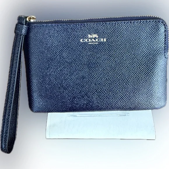 Coach Midnight Blue Corner Zip Crossgrain Leather Wristlet NWOT - Picture 9 of 12